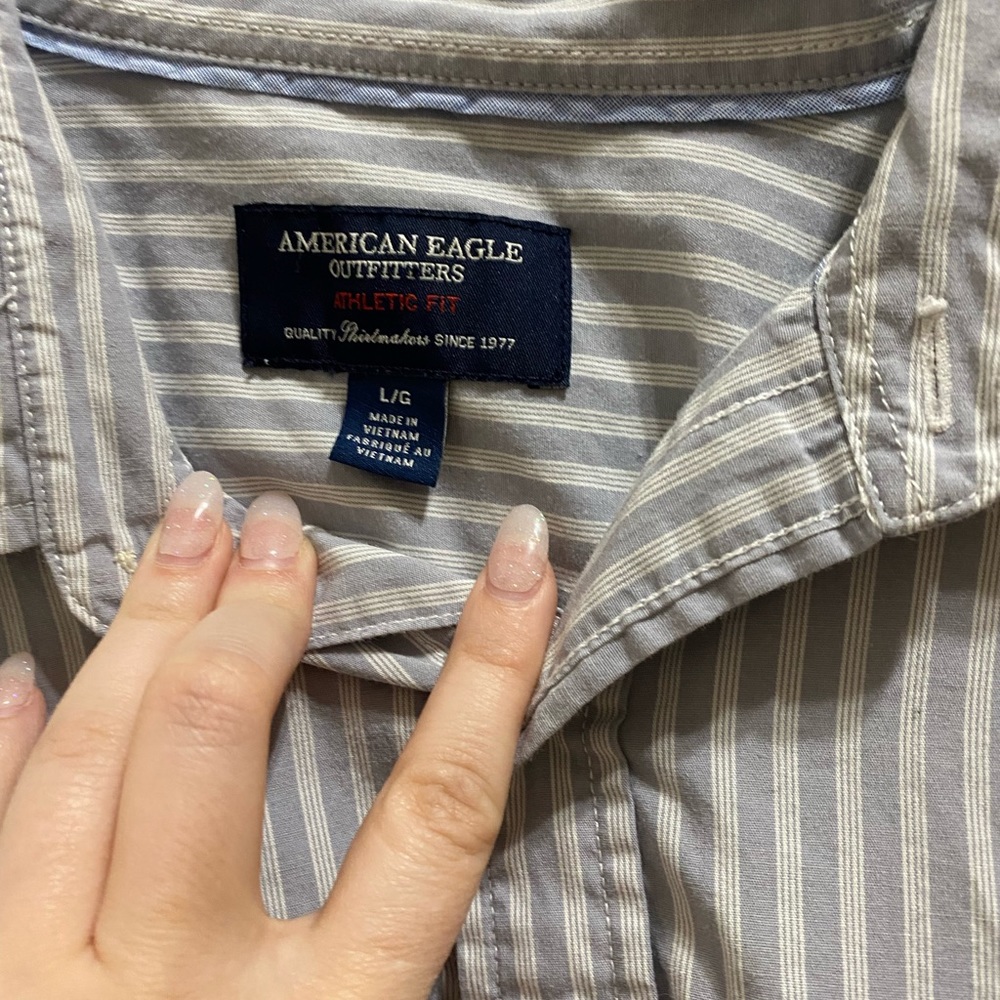 Men’s AE Striped Button Down - Light Blue - Picture 3 of 7